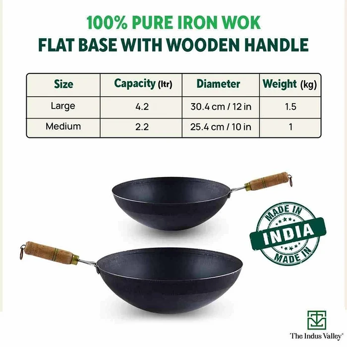 100% Pure Iron Wok 2.2/4.2L with Wooden Handle, Toxin-free Sheet Iron, Pre-seasoned 1/1.5kg