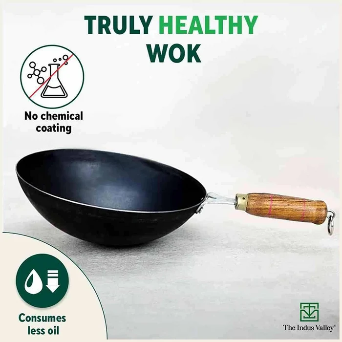 100% Pure Iron Wok 2.2/4.2L with Wooden Handle, Toxin-free Sheet Iron, Pre-seasoned 1/1.5kg