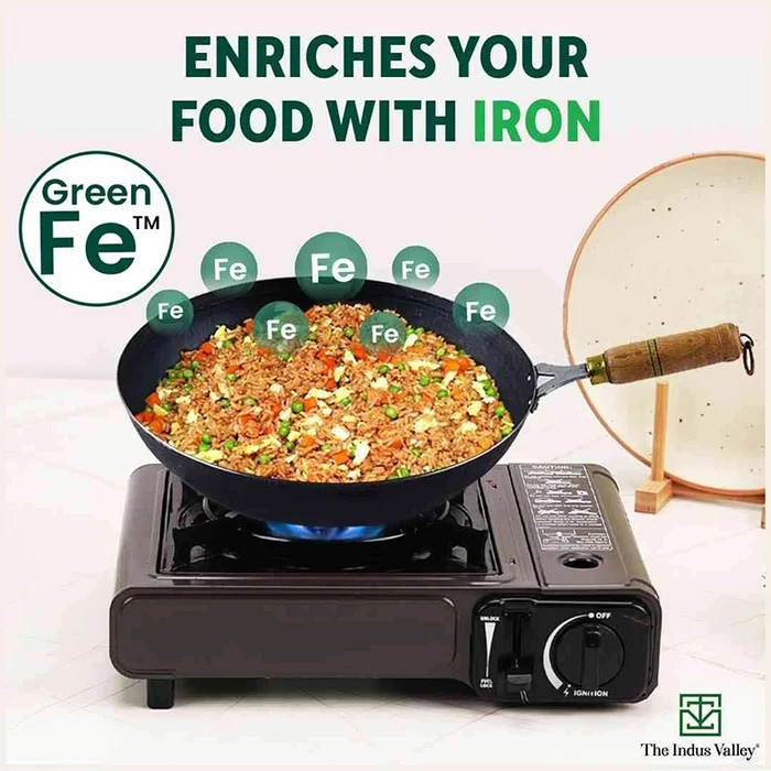 100% Pure Iron Wok 2.2/4.2L with Wooden Handle, Toxin-free Sheet Iron, Pre-seasoned 1/1.5kg