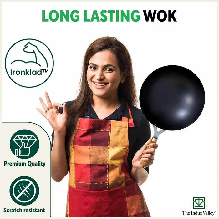 100% Pure Iron Wok 2.2/4.2L with Wooden Handle, Toxin-free Sheet Iron, Pre-seasoned 1/1.5kg