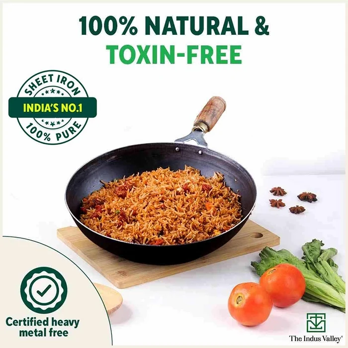 100% Pure Iron Wok 2.2/4.2L with Wooden Handle, Toxin-free Sheet Iron, Pre-seasoned 1/1.5kg