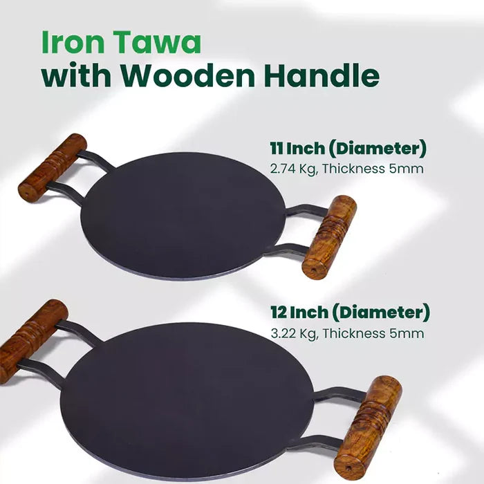 100% Pure Round Iron Tawa With Wooden Handle 11/12 In, Toxin-free Sheet Iron, Pre-Seasoned, Induction & Gas