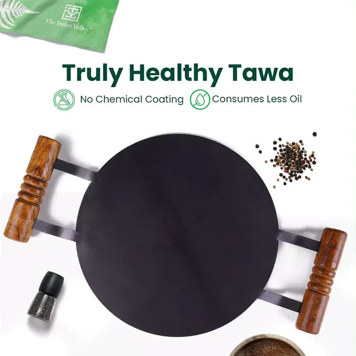 100% Pure Round Iron Tawa With Wooden Handle 11/12 In, Toxin-free Sheet Iron, Pre-Seasoned, Induction & Gas