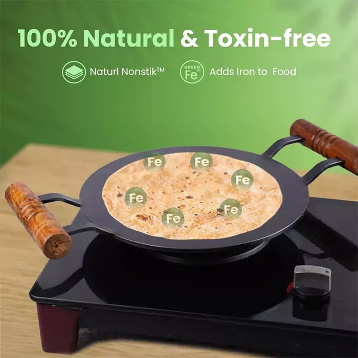 100% Pure Round Iron Tawa With Wooden Handle 11/12 In, Toxin-free Sheet Iron, Pre-Seasoned, Induction & Gas