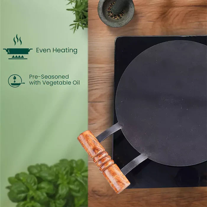 100% Pure Round Iron Tawa With Wooden Handle 11/12 In, Toxin-free Sheet Iron, Pre-Seasoned, Induction & Gas