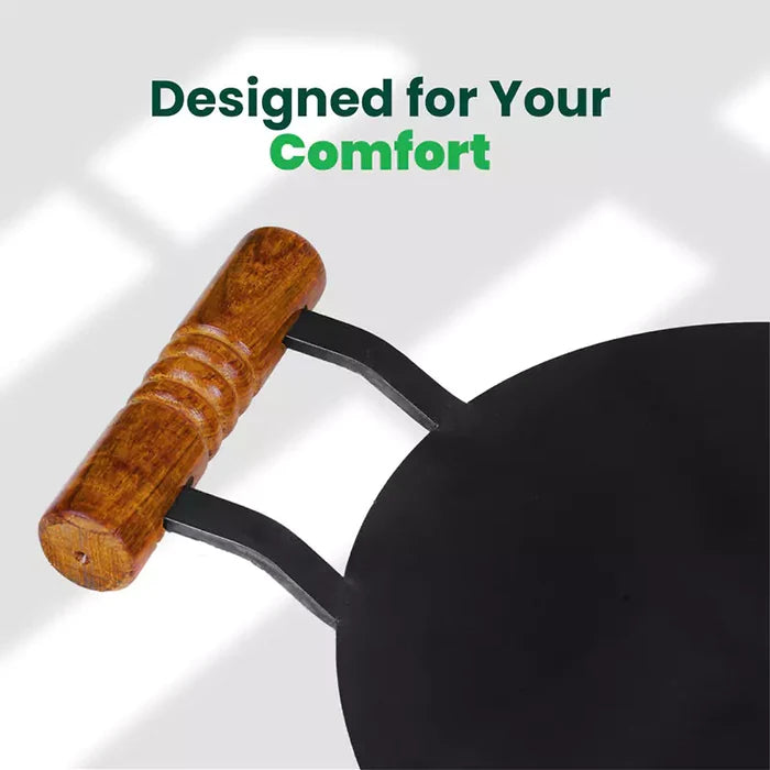100% Pure Round Iron Tawa With Wooden Handle 11/12 In, Toxin-free Sheet Iron, Pre-Seasoned, Induction & Gas
