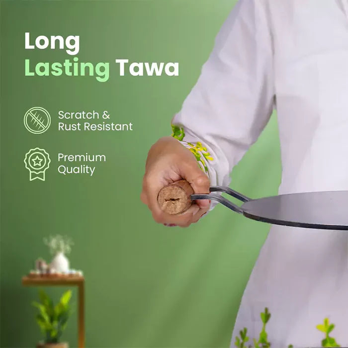 100% Pure Round Iron Tawa With Wooden Handle 11/12 In, Toxin-free Sheet Iron, Pre-Seasoned, Induction & Gas