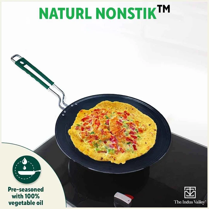100% Pure Sheet Iron Concave Tawa 25.5cm/30.5cm, Toxin-free, Seasoned, Silicone Handle