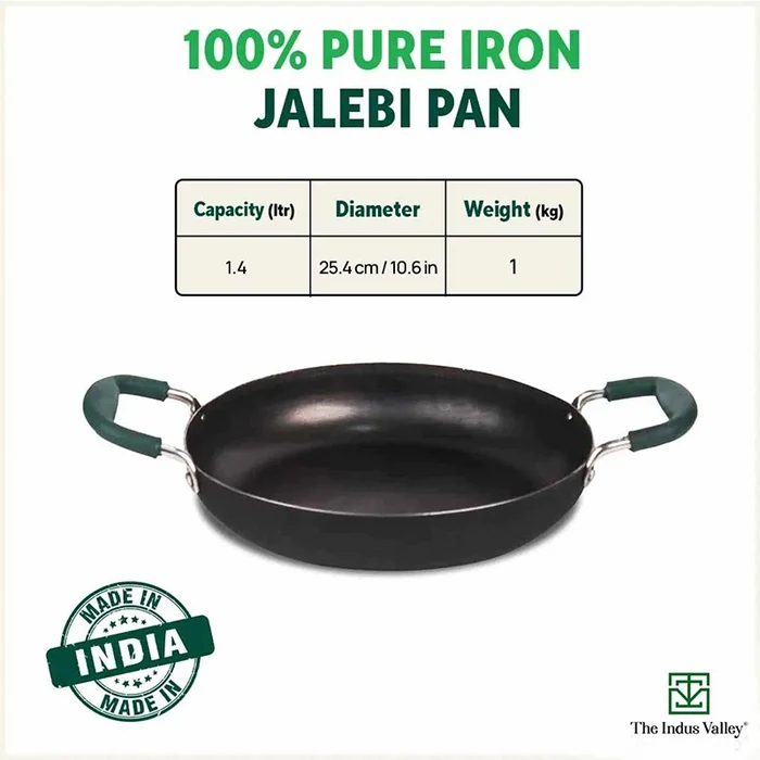 100% Pure Sheet Iron Kadai/ Jalebi/ Paella Pan 1.4L, Silicone Cool Handles, Seasoned, Toxin-free, Induction