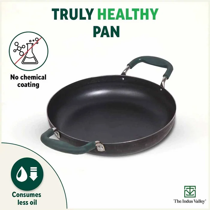 100% Pure Sheet Iron Kadai/ Jalebi/ Paella Pan 1.4L, Silicone Cool Handles, Seasoned, Toxin-free, Induction