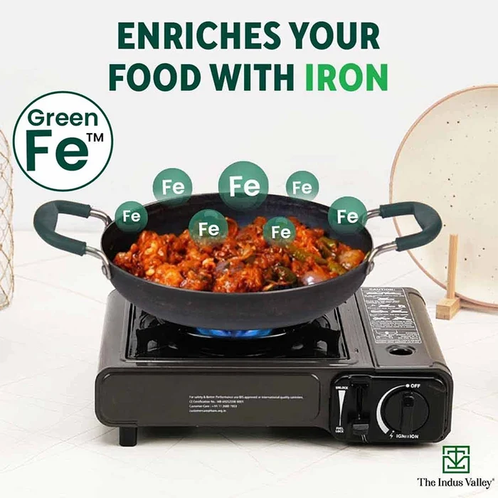 100% Pure Sheet Iron Kadai/ Jalebi/ Paella Pan 1.4L, Silicone Cool Handles, Seasoned, Toxin-free, Induction