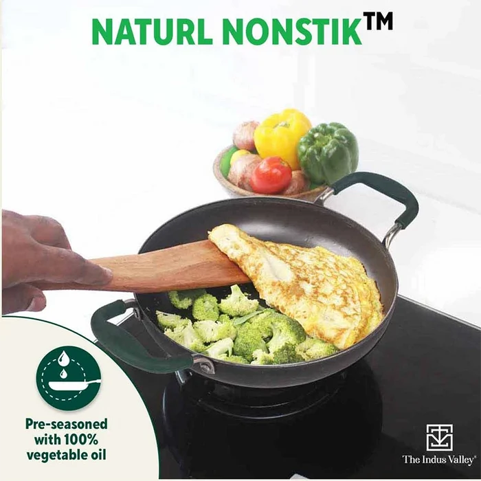 100% Pure Sheet Iron Kadai/ Jalebi/ Paella Pan 1.4L, Silicone Cool Handles, Seasoned, Toxin-free, Induction