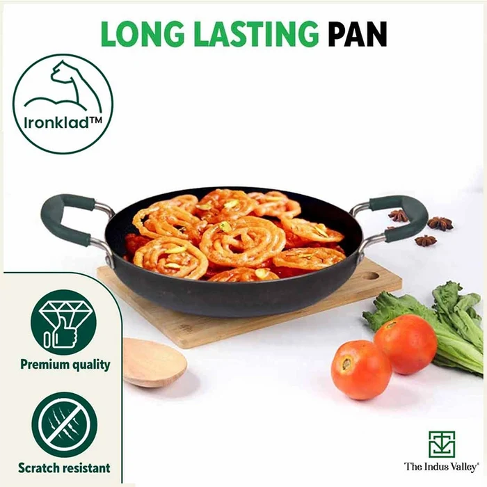 100% Pure Sheet Iron Kadai/ Jalebi/ Paella Pan 1.4L, Silicone Cool Handles, Seasoned, Toxin-free, Induction