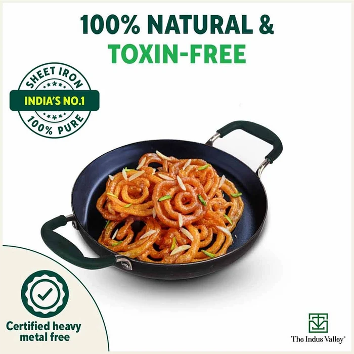 100% Pure Sheet Iron Kadai/ Jalebi/ Paella Pan 1.4L, Silicone Cool Handles, Seasoned, Toxin-free, Induction