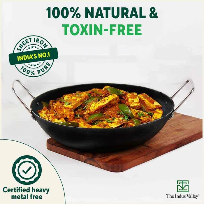 100% Pure Sheet Iron Kadai, Seasoned, Toxin-free, 1.4/2.7/4.4L, 0.6/0.9/1.4kg