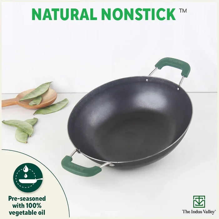 100% Pure Sheet Iron Kadai with Silicon Handle, Seasoned, Toxin-free