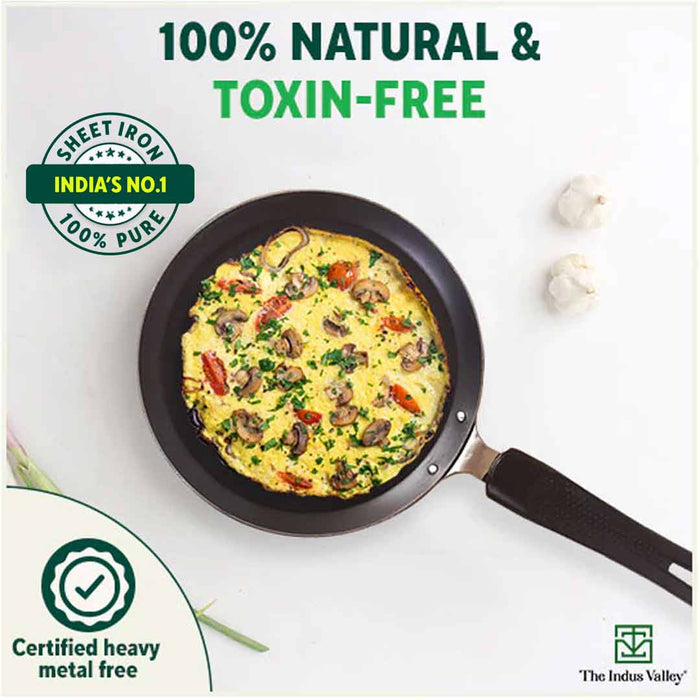 100% Pure Sheet Iron Omelette Tawa 19cm with Bakelite Handle, Seasoned, Toxin-free, Induction, 19cm, 0.56kg