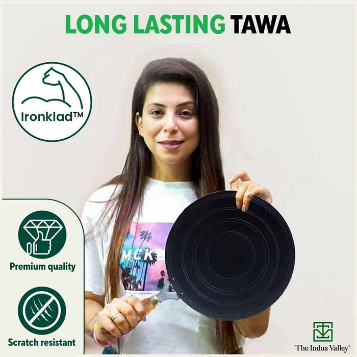 100% Pure Sheet Iron Tawa, Concave, Toxin-free, Seasoned, Wooden Handle, 25.5cm, 0.9kg