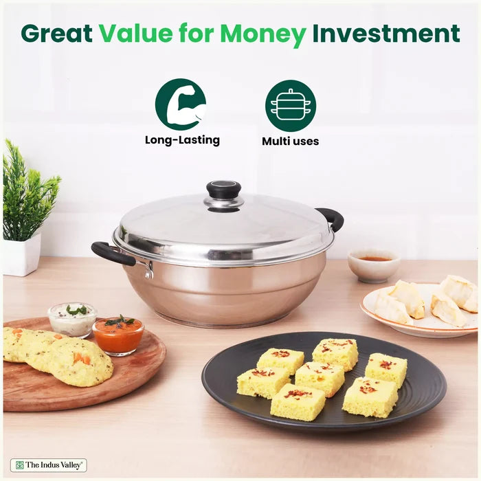 14 Pit Tri-Steel Multi Pot 4.2L Premium Stainless Steel Idli/ Dhokla/ Momo Maker/ Veg Steaming Set, Tri-ply Induction Bottom, 5 Plates