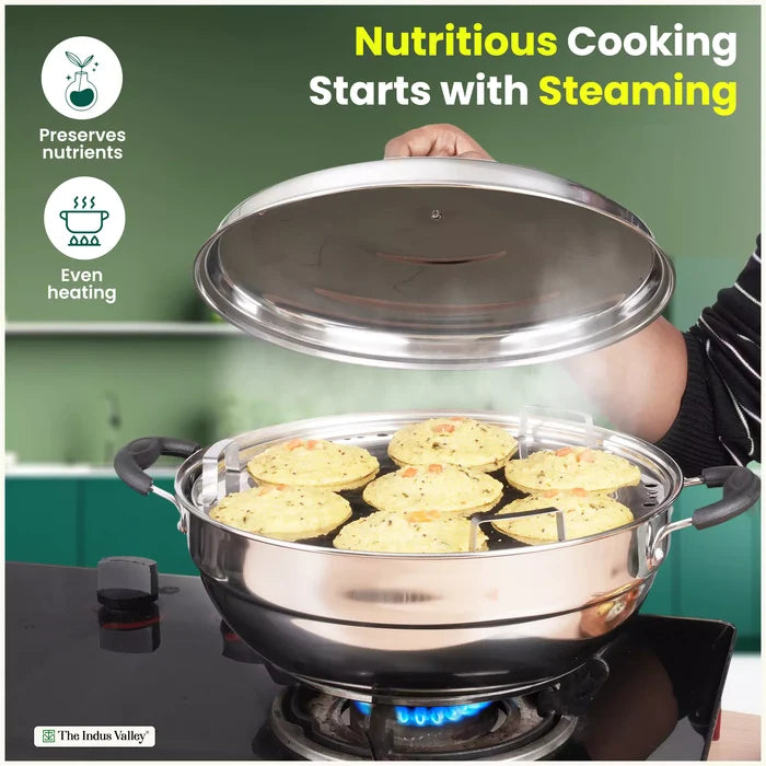 14 Pit Tri-Steel Multi Pot 4.2L Premium Stainless Steel Idli/ Dhokla/ Momo Maker/ Veg Steaming Set, Tri-ply Induction Bottom, 5 Plates