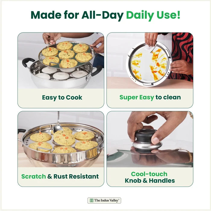 14 Pit Tri-Steel Multi Pot 4.2L Premium Stainless Steel Idli/ Dhokla/ Momo Maker/ Veg Steaming Set, Tri-ply Induction Bottom, 5 Plates