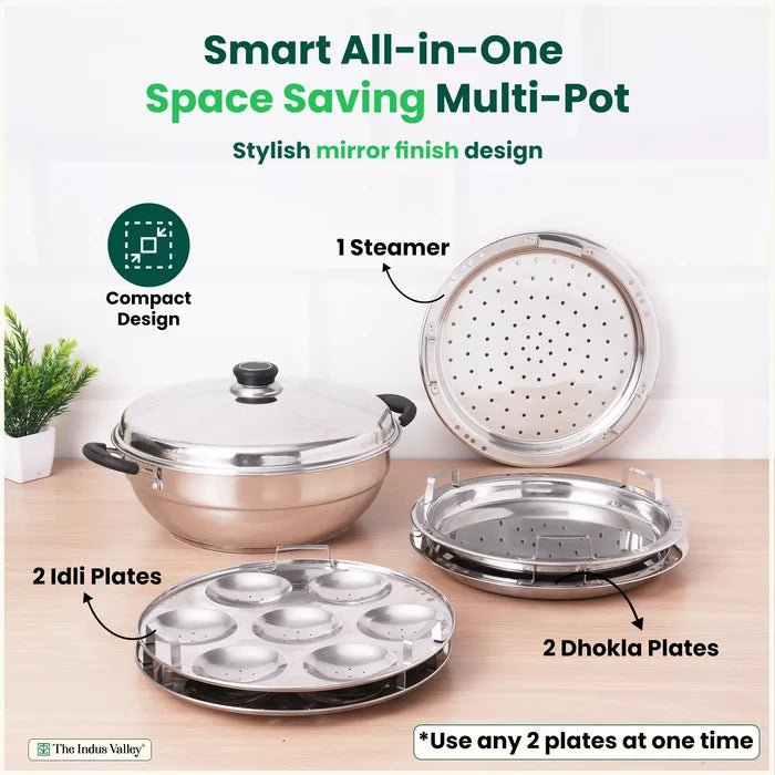 14 Pit Tri-Steel Multi Pot 4.2L Premium Stainless Steel Idli/ Dhokla/ Momo Maker/ Veg Steaming Set, Tri-ply Induction Bottom, 5 Plates