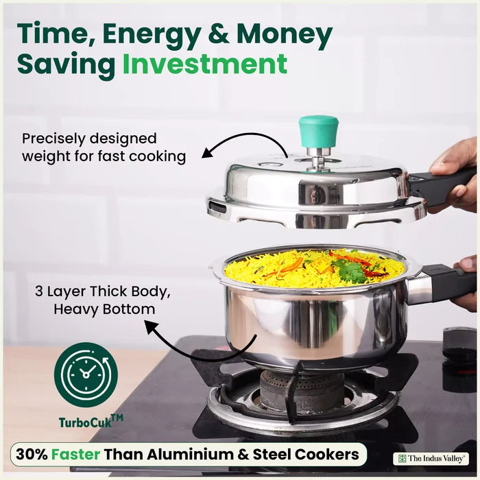 2L+5L  RapidCuk Tri-ply Stainless Steel Pressure Cooker, Premium Quality, 3 Layer Heavy Bottom, 100% Safe, ISI Certified, 3 Yr Warranty, Induction & Gas