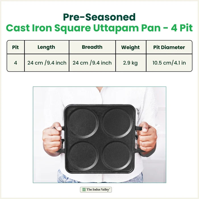 4 Pit CASTrong Cast Iron Uttapam/ Set Dosa Tawa 24cm,Pre-seasoned, Toxin-free