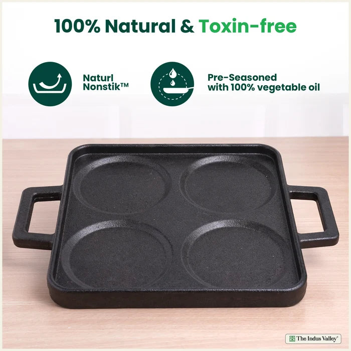 4 Pit CASTrong Cast Iron Uttapam/ Set Dosa Tawa 24cm,Pre-seasoned, Toxin-free