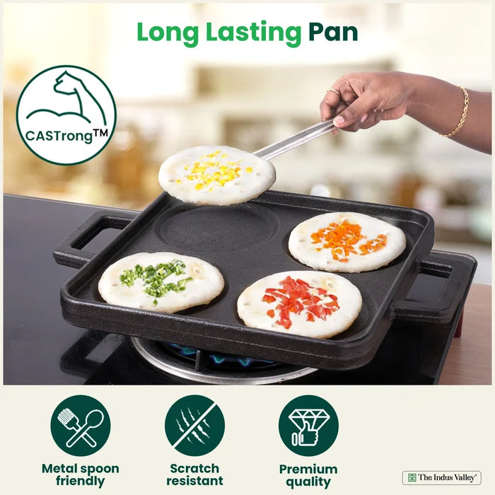 4 Pit CASTrong Cast Iron Uttapam/ Set Dosa Tawa 24cm,Pre-seasoned, Toxin-free
