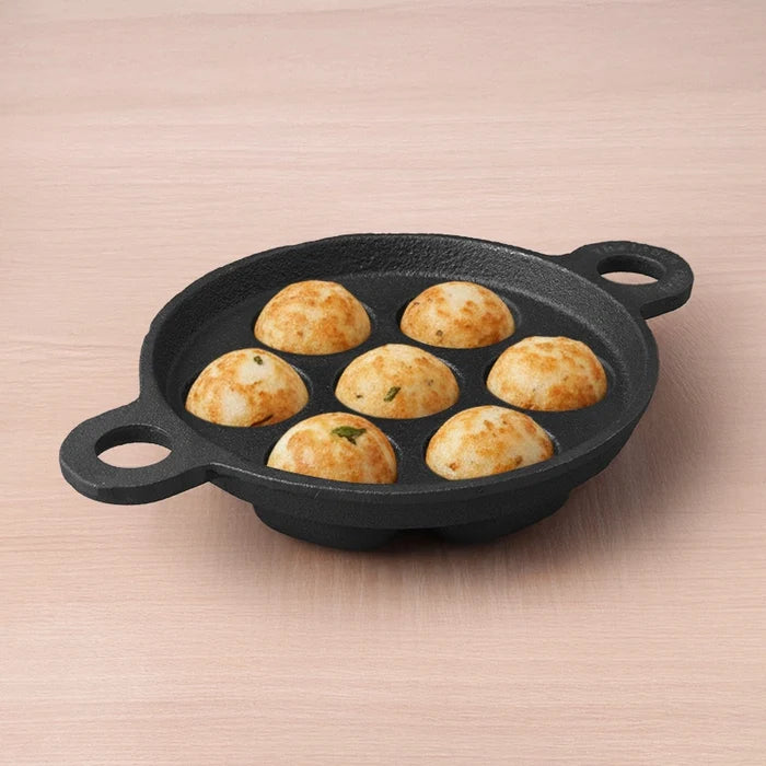 7 Pit, CASTrong Cast Iron Paniyaram/Appe Pan 18.9cm, Pre-seasoned, Natural Nonstick, 100% Pure, Toxin-free