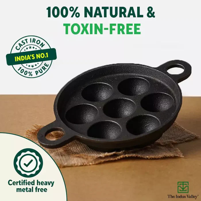 7 Pit, CASTrong Cast Iron Paniyaram/Appe Pan 18.9cm, Pre-seasoned, Natural Nonstick, 100% Pure, Toxin-free