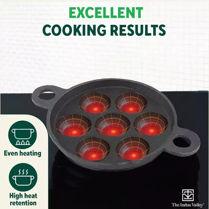 7 Pit, CASTrong Cast Iron Paniyaram/Appe Pan 18.9cm, Pre-seasoned, Natural Nonstick, 100% Pure, Toxin-free