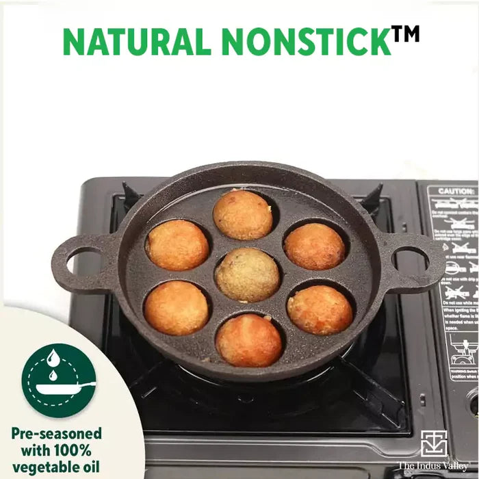 7 Pit, CASTrong Cast Iron Paniyaram/Appe Pan 18.9cm, Pre-seasoned, Natural Nonstick, 100% Pure, Toxin-free