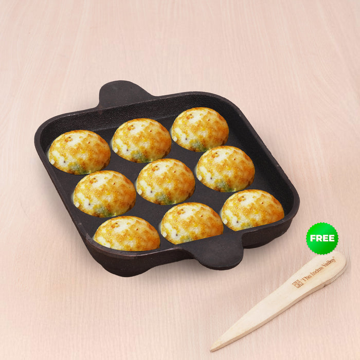 9 Pit/Cup CASTrong Cast Iron Paniyaram/Appe Pan 18.2 cm + Free Spatula, Pre-seasoned, Natural Nonstick, 100% Pure, Toxin-free