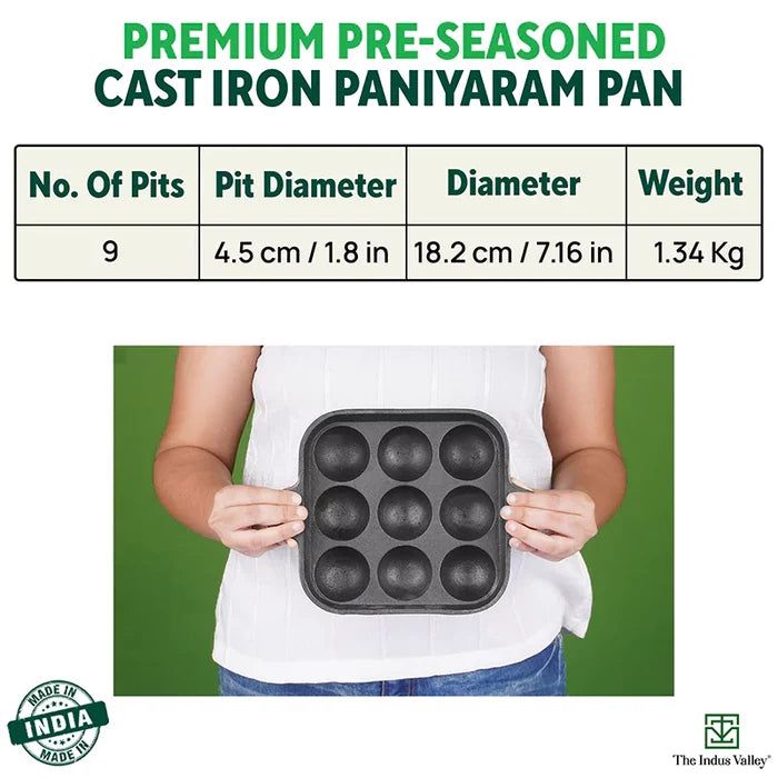 9 Pit/Cup CASTrong Cast Iron Paniyaram/Appe Pan 18.2 cm + Free Spatula, Pre-seasoned, Natural Nonstick, 100% Pure, Toxin-free