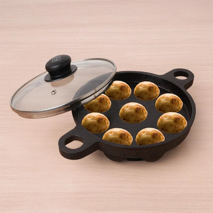9 Pit/Cup CASTrong Cast Iron Paniyaram/Appe Pan+ Glass Lid 21 cm, Pre-seasoned, Natural Nonstick, 100% Pure, Toxin-free, Gas & Induction