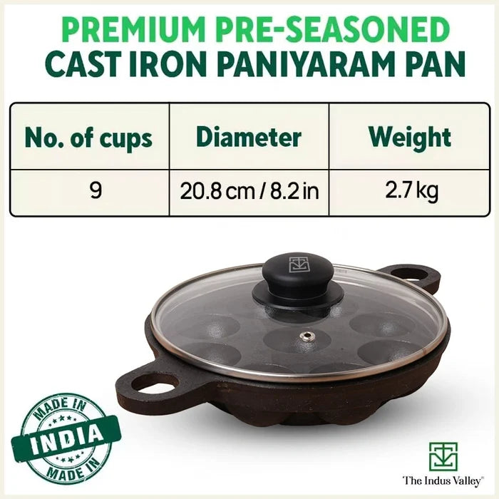 9 Pit/Cup CASTrong Cast Iron Paniyaram/Appe Pan+ Glass Lid 21 cm, Pre-seasoned, Natural Nonstick, 100% Pure, Toxin-free, Gas & Induction
