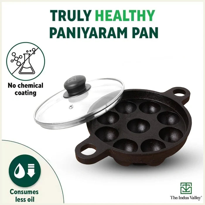 9 Pit/Cup CASTrong Cast Iron Paniyaram/Appe Pan+ Glass Lid 21 cm, Pre-seasoned, Natural Nonstick, 100% Pure, Toxin-free, Gas & Induction