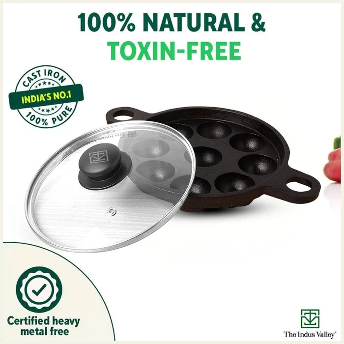 9 Pit/Cup CASTrong Cast Iron Paniyaram/Appe Pan+ Glass Lid 21 cm, Pre-seasoned, Natural Nonstick, 100% Pure, Toxin-free, Gas & Induction