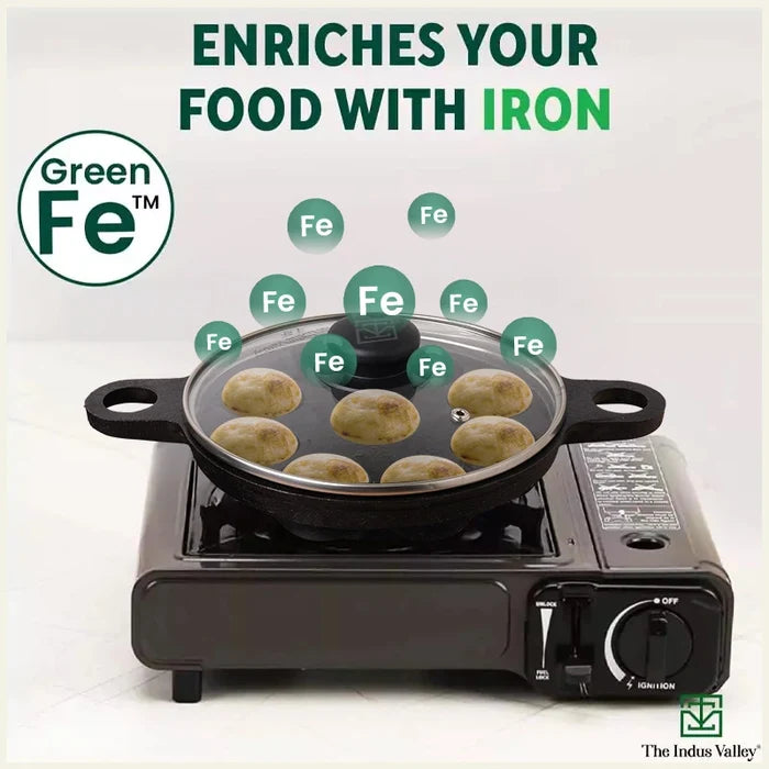 9 Pit/Cup CASTrong Cast Iron Paniyaram/Appe Pan+ Glass Lid 21 cm, Pre-seasoned, Natural Nonstick, 100% Pure, Toxin-free, Gas & Induction