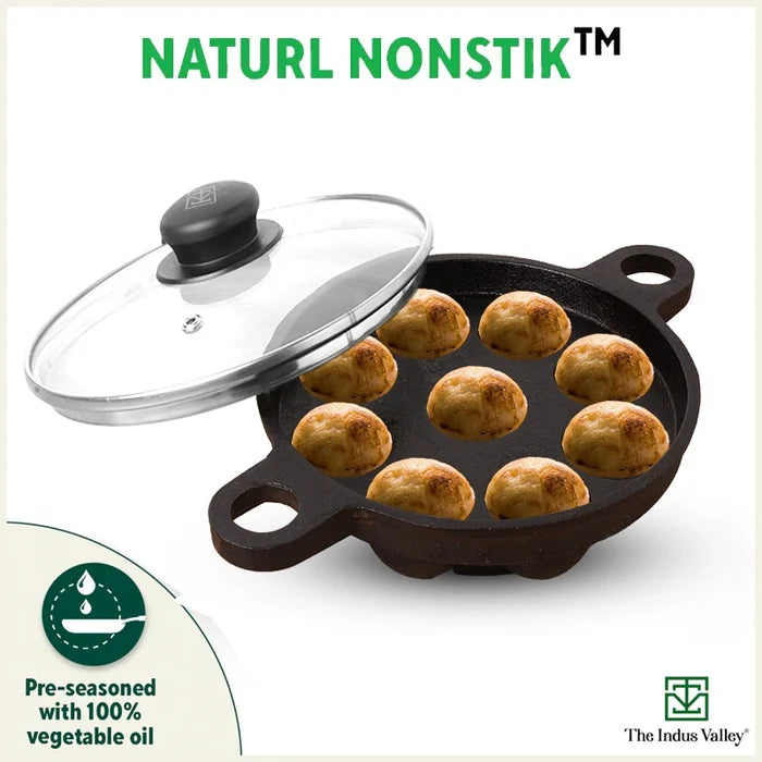 9 Pit/Cup CASTrong Cast Iron Paniyaram/Appe Pan+ Glass Lid 21 cm, Pre-seasoned, Natural Nonstick, 100% Pure, Toxin-free, Gas & Induction