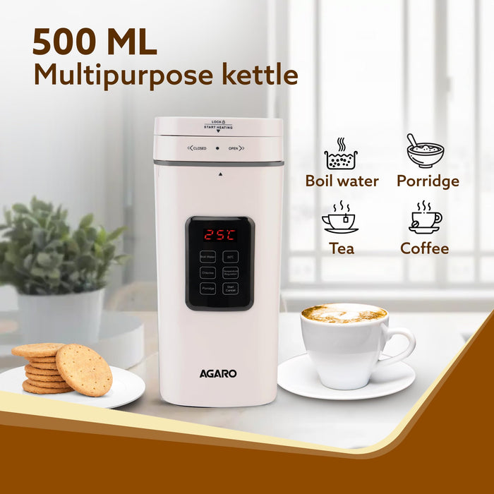AGARO Delite Portable Electric Kettle, 500 Ml, Adjustable Temperature, Fast Boiling, White