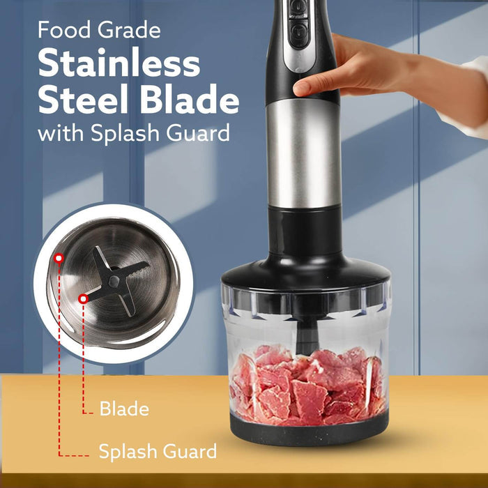 Multi-function hand blender with chopper jar and whisker for versatile cooking