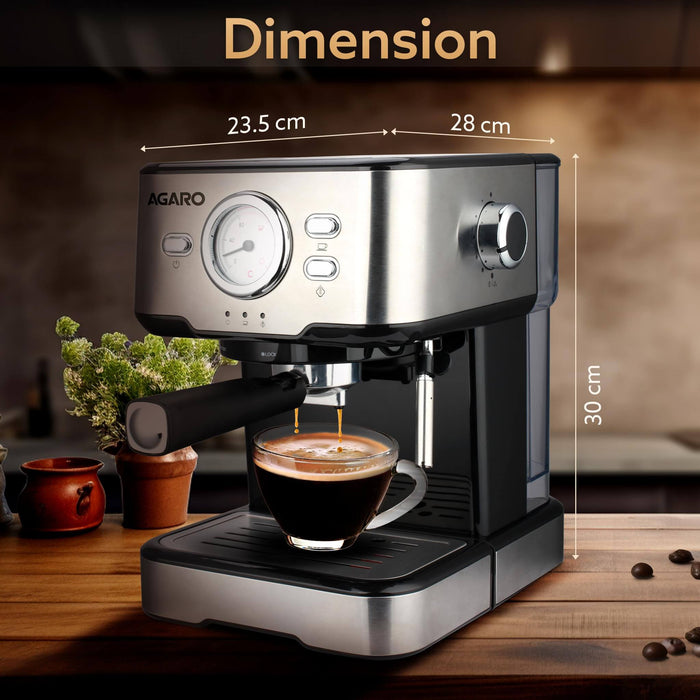 Silver stainless steel AGARO espresso machine with 15-bar pressure system and 1.5L water tank