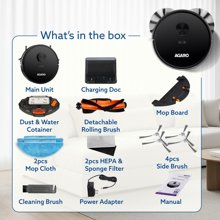 AGARO Imperial Robot Vacuum Cleaner Box Contents Including Side Brushes and Mop Cloth