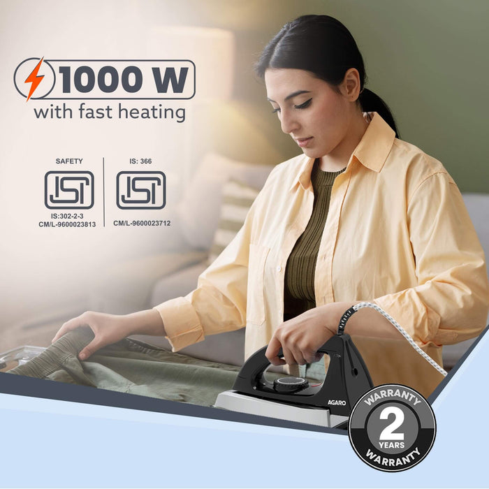 1000W AGARO electric iron with multi-fabric temperature control dial