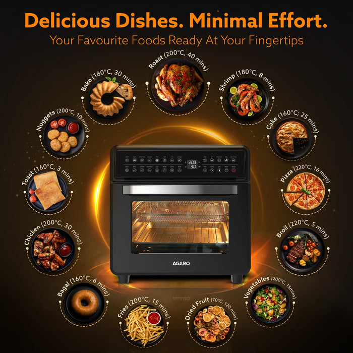 AGARO Regal Plus air fryer rotisserie skewer and fork assembly loaded with a whole chickens