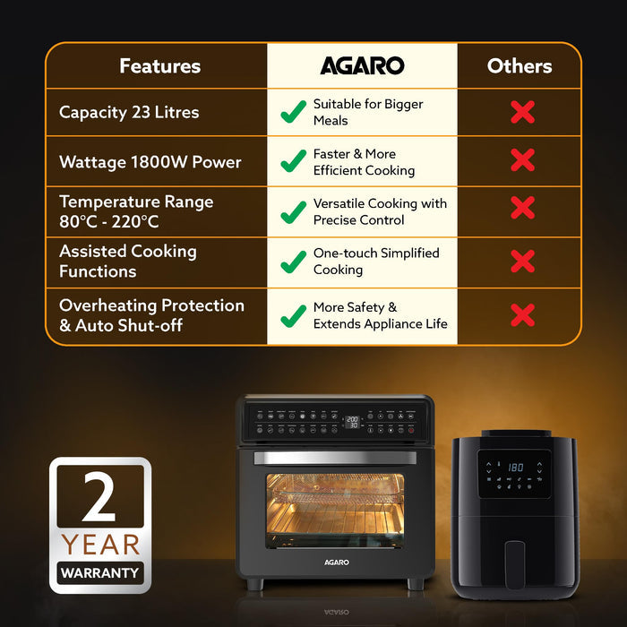 AGARO Regal Plus 23L air fryer frying basket and bake tray placed on a kitchen counter