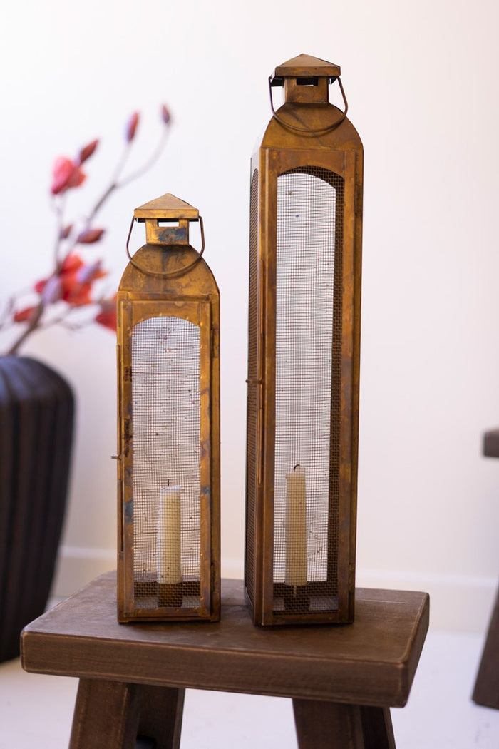 Set of 2 Antique Brass Taper Candle Lanterns with Wire Screen